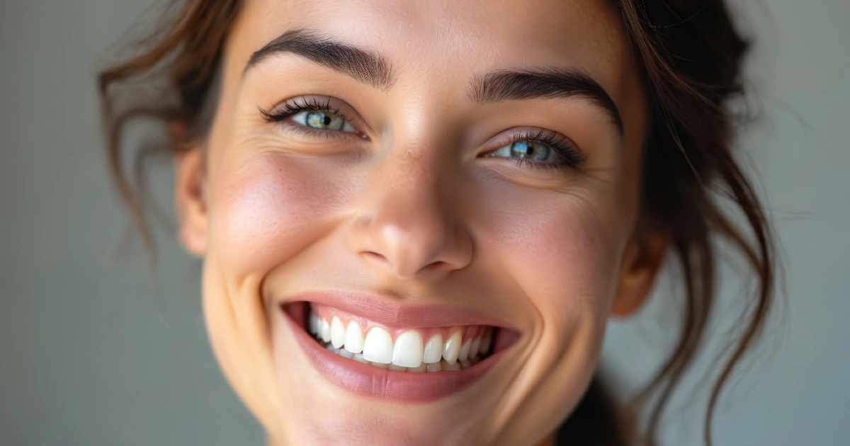 Close-up of a smiling young woman with bright green eyes and white teeth during Dental Implants in Melbourne, FL, against a soft gray background.